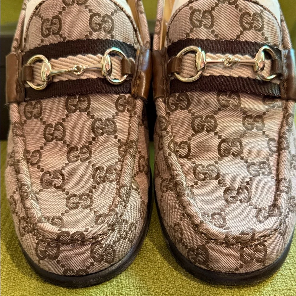 Gucci Beige Brown/Pink GG Canvas Horsebit Loafers - Picture 5 of 7